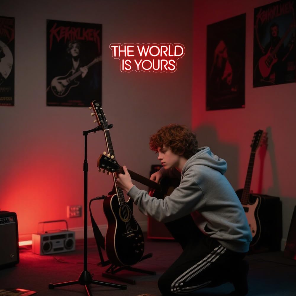 The World is Yours Neon Sign,Red Dimmable LED Light Signs for Wall Art Decor,Backdrop for Cinema Bedroom Club Party Man Cave,Gift for Boys Teen Men USB Powered(14.2"*5.5")