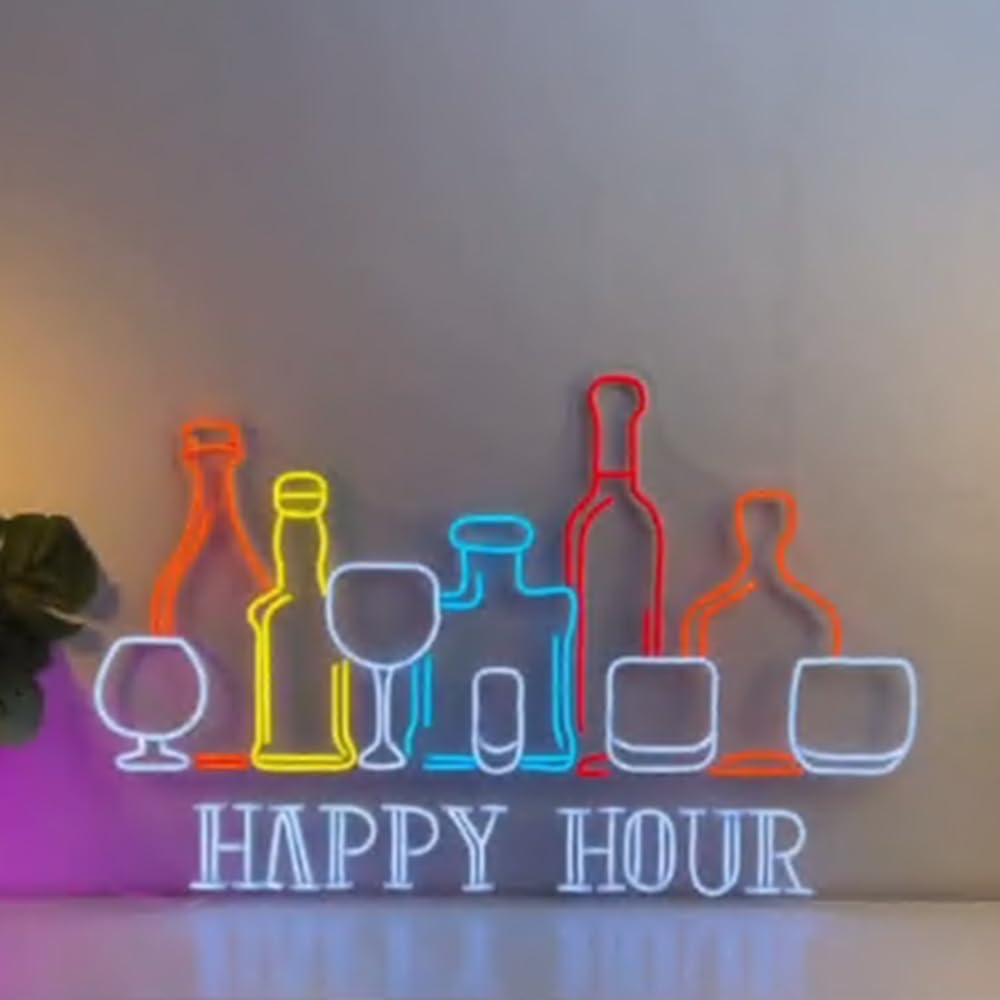 Happy Hour Wine Beer Neon Sign, Wine Bar Beer Pub Neon Sign, Custom Neon Sign, Alcohol Bar Open Night Light Decor, Drinking Lover Gifts Size:25inch