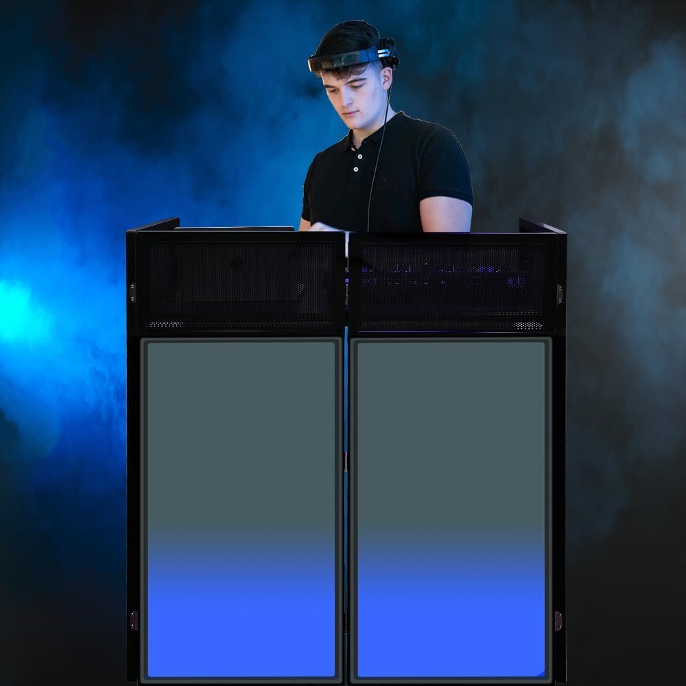 LUCKUP Portable DJ Booth 41"L x 20"W DJ Facade with White & Black Scrim, Foldable DJ Table Station with Adjustable Feet for Party, Black Metal Frame
