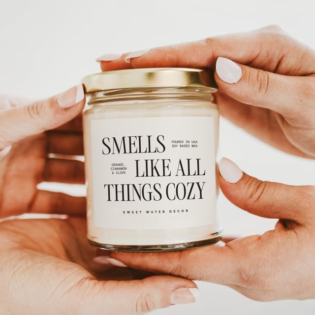 Sweet Water Decor Smells Like All Things Cozy Candle, Orange Cinnamon Ginger Clove Scent, 9oz Soy Candle with Gold Lid, Non-Toxic, Fall & Winter Christmas & Housewarming Gift, 40+ Burn Time