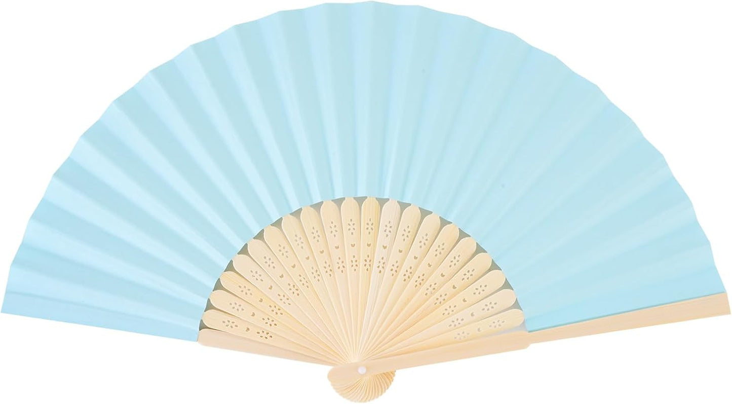50pcs Blue Paper Hand Fan Bamboo Folding, Handheld Paper Folded for Wedding Party and Home Decoration