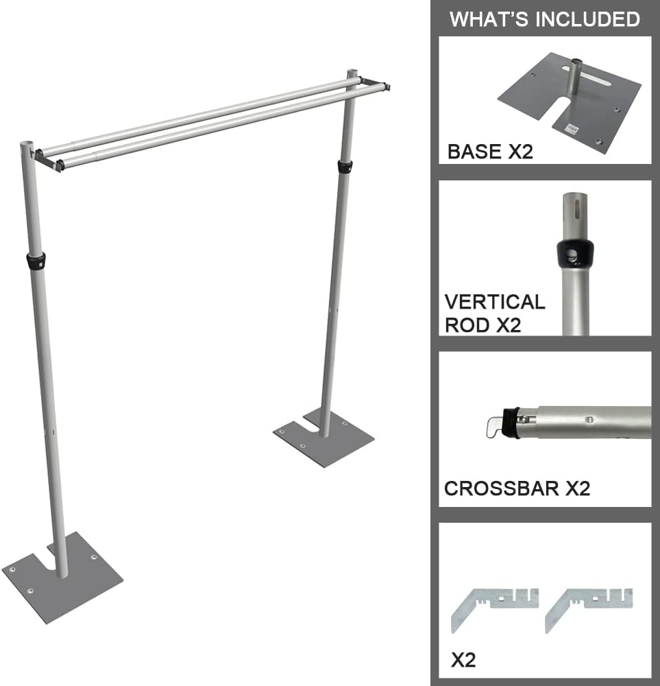 Portable Pipe and Drape Heavy Duty Backdrop Stand, ADJ Metal Frame and Heavy Metal Base for Wedding, Birthday Party, Photography Backdrop(Tall-8FT & 2*CrossBar-10FT & Hangers)