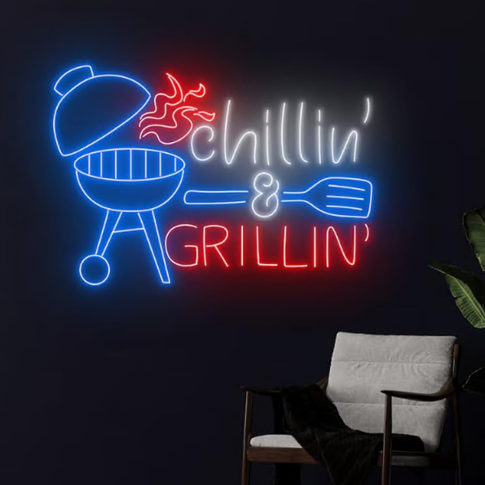 Chilling And Grilling Neon Light, BBQ Neon Sign, Barbecue Led Light, Grill Led Sign, Fire Meat Room Wall Decor, Restaurant Neon Light Size:23inch