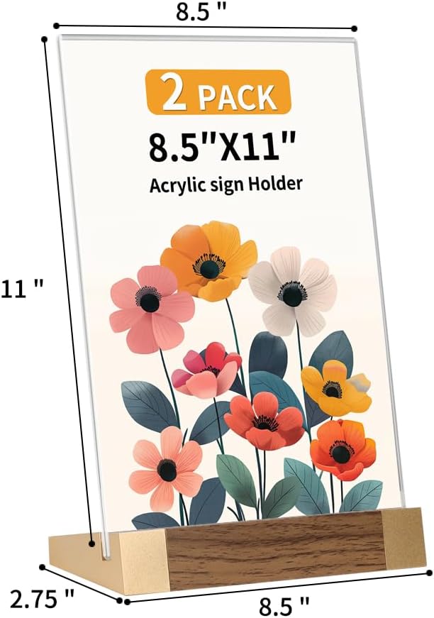 Acrylic Sign Holder 8.5x11 Inch with Wood-Color Base, Tabletop Display Sign Frame Vertical Clear for Store/Coffee Shop/Restaurant Menu Display Hotel/Office Show Exhibitions Holder, 2 Pack L Shape