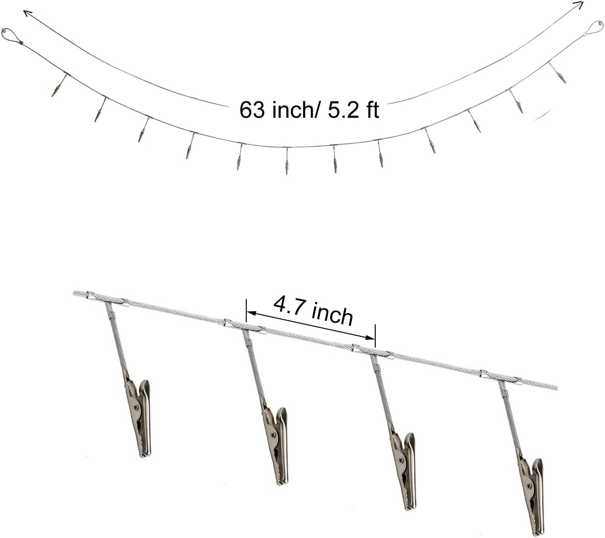 Multi-Purpose Steel Wall Hanging Photo Display Cable Wire Rod String with 12 Clips for Hanging Photos Notes and Artworks (Alligator clip)