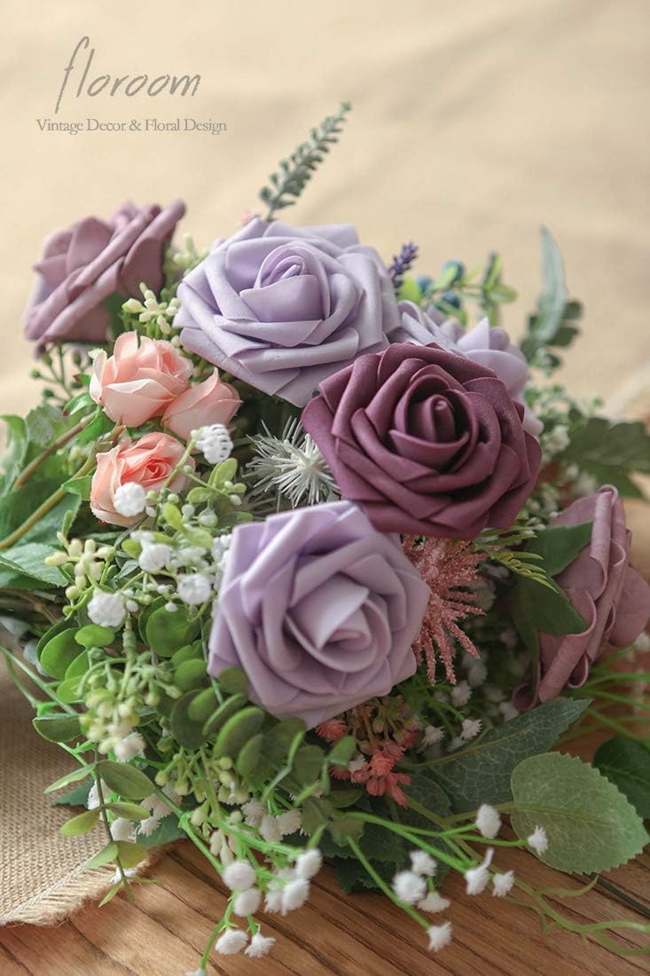 Floroom Artificial Flowers 25pcs Real Looking Plum Foam Fake Roses with Stems for DIY Wedding Bouquets Bridal Shower Centerpieces Floral Arrangements Party Home Decorations