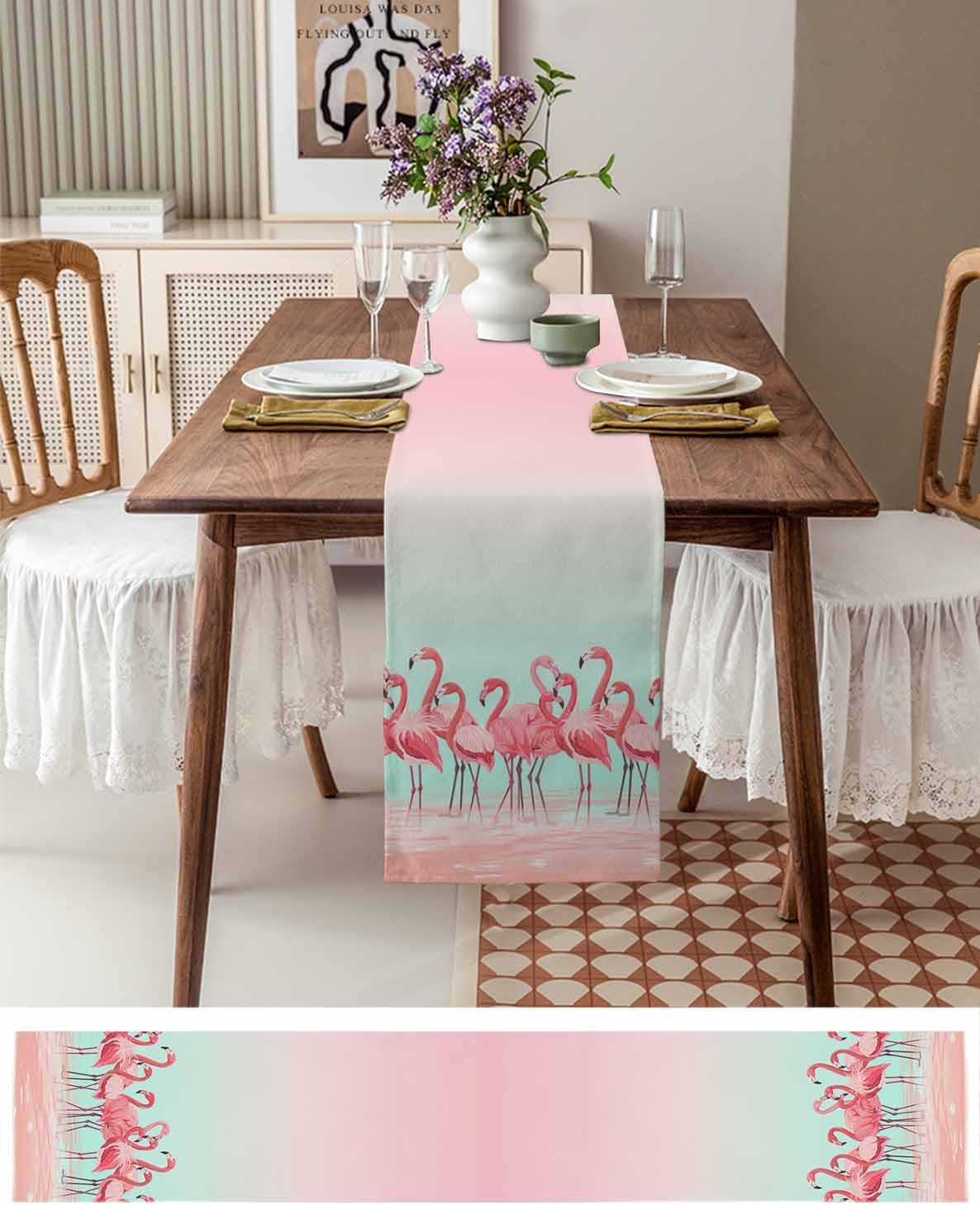 Tropical Flamingo Cotton Linen Table Runner for Dining Kitchen, Wedding Outdoor Party Tablerunners Decoration, Pink Bird Coastal Nautical Animal Dresser Scarf Coffee Tablecloth Runners 13x72 Inches