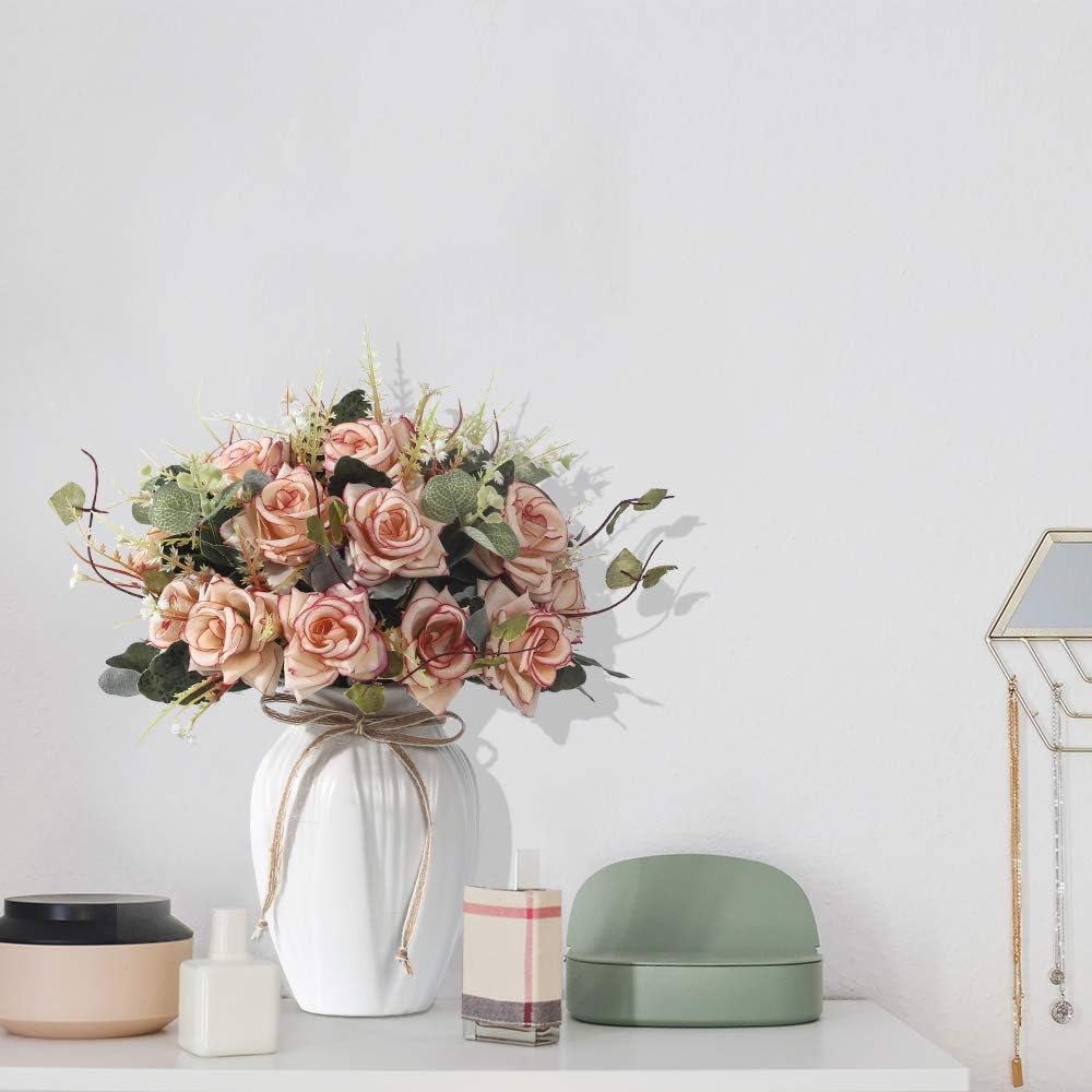 LESING Artificial Rose with Vase,Fake Silk Flowers Bouquets in Vase Table Centerpiece Arrangement for Kitchen Living Room (Pink)