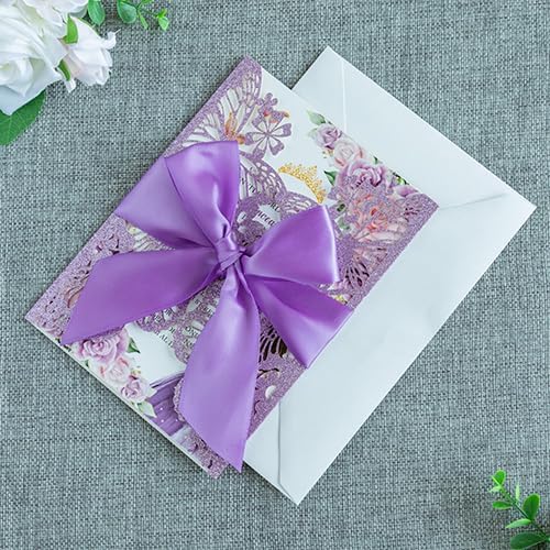 20 PCS 5.12x7.2 Butterfly Personalized Quinceanera Invitation, Customized XV Anos Laser Cut Invitation Cards with Envelopes (Purple Glitter Personalized)