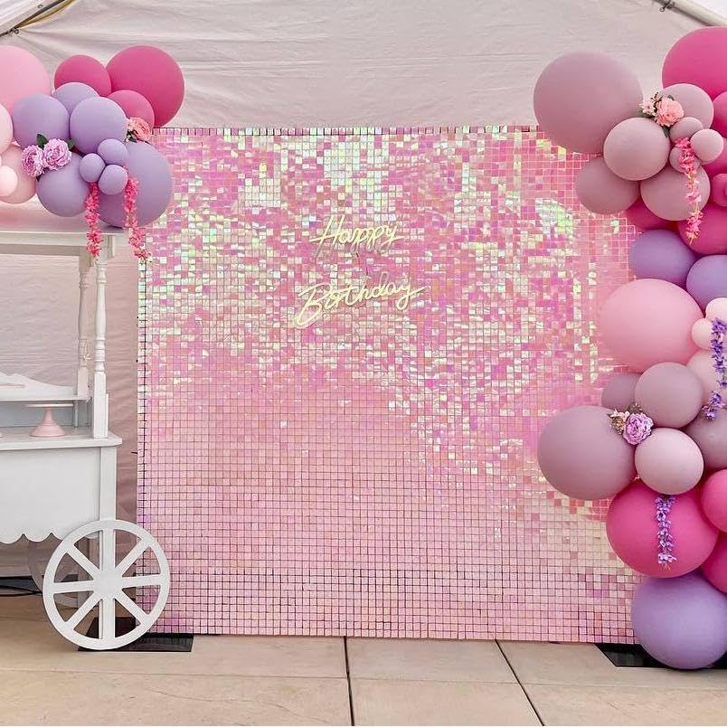 Qcity Iridescent Pink Shimmer Wall Backdrop 36PCS, Black Back Not See-Through Design, Square Sequin Glitter Backdrop Panel, Perfect for Outdoor Events, Birthdays, Wedding and Party Decoration