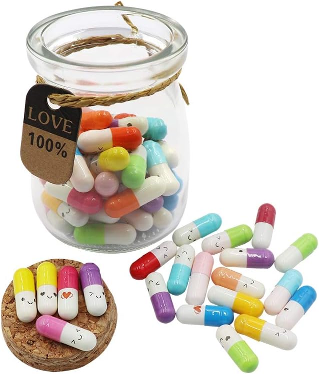 50Pcs Capsule Letters Message in a Glass Bottles, Cute Smiling Face Love Friendship Letter Colors Pill with Wishing Bottle, Message Pills for Boyfriend Girlfriend Lovers Family
