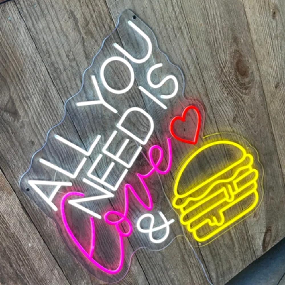 All You Need Is Love & Burger Custom Hamburger Fast Food LED Neon Sign Night Light Home Wall Decor Coffee Shop Bar Restaurant Welcome Sign Size:20x17inches