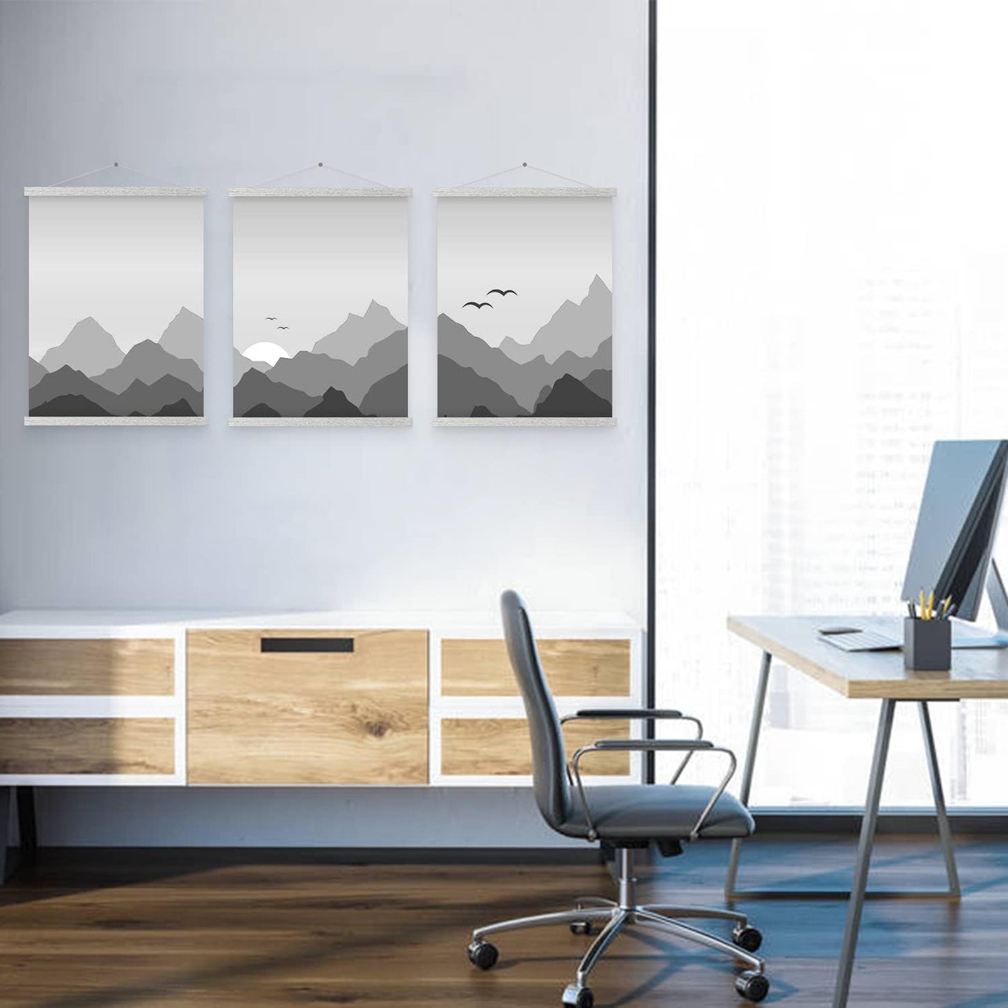 Magnetic Poster Hanger, 21x21 21x15 21x27 Poster Frame Wood Wooden Magnet Print Posters Dowel Scroll Hanger Hangers Hanging Kit for Walls Map Canvas Artwork (Grey, 21")