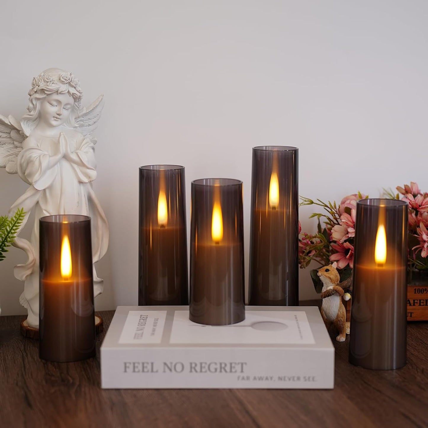 Flameless LED Candles, Upgraded Realistic Flickering Flame Battery Operated Candles with Remote Timer, Acrylic Electric Set of 5 for Romantic Ambiance and Home Decoration(Grey)