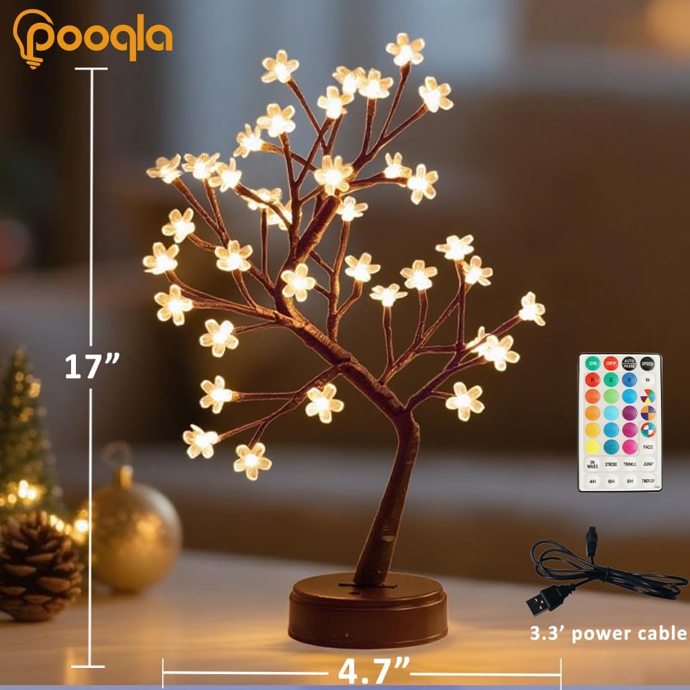 Pooqla RGB Cherry Blossom Tree Light with Remote 28 Colors LED Artificial Flower Bonsai Tree, RGB Table Top Lamp Home Lit Tree Valentine's Day Christmas Decoration 36 LED, Brown Branch