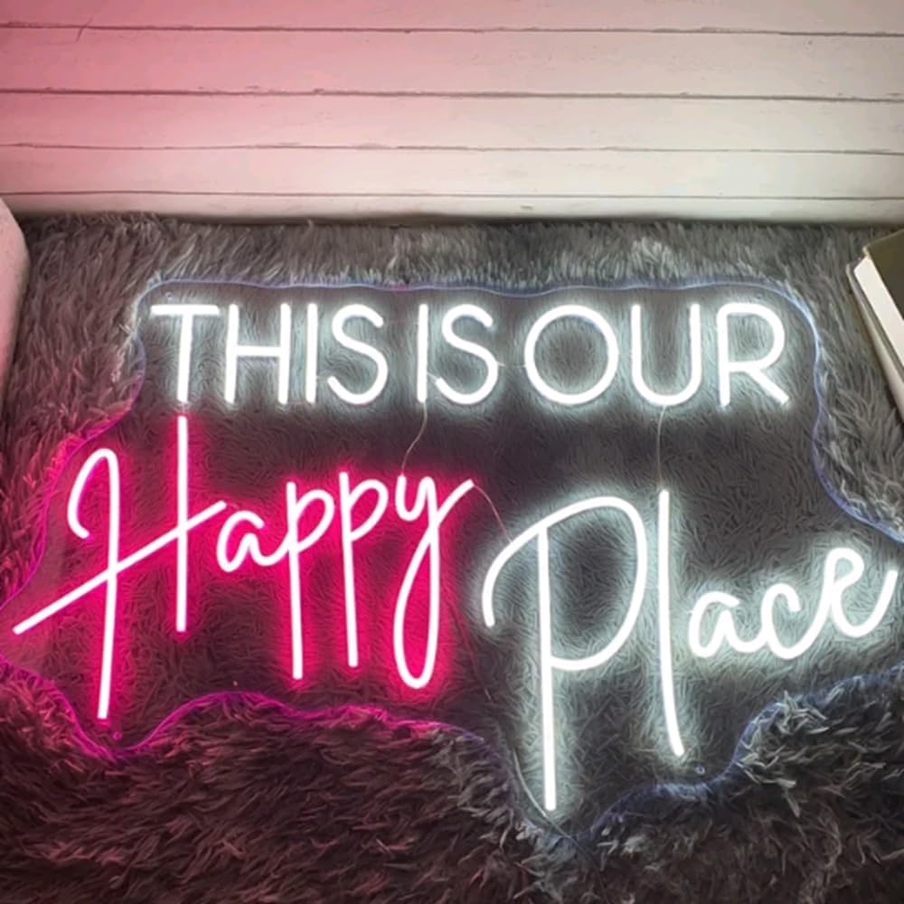 This Is Our Happy Place Neon Sign Custom Bedroom LED Neon Light Home Living Room Salon Wall Decor Wedding Party Decoration Personalized Gift USB Size:20x12inch