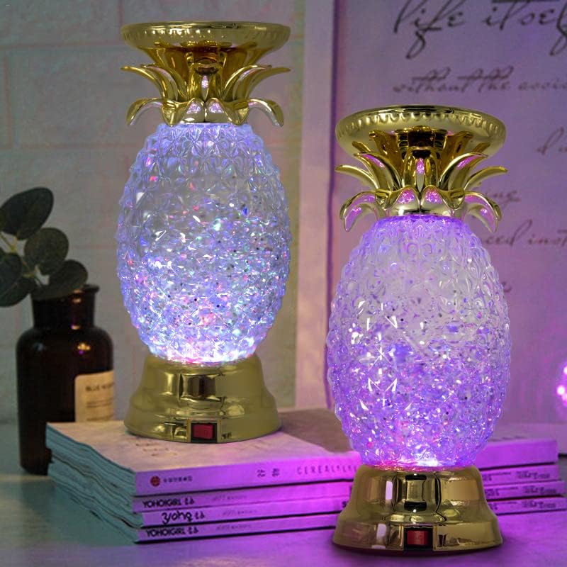 YAKii 9.5" Pineapple LED Color Changing Shine Lamp,Swirling Water Waves Lamp Kid Safe Battery/USB Cable Operated,Table Lamp Candle Holder Table Decoration Gold(Pack of 2)