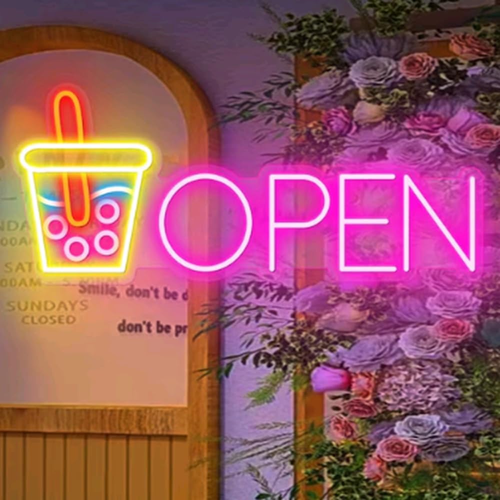 Open Sign| Led Boba Tea |Open Bubble Tea Neon Sign|Open Milk Tea Neon Sign|LED Neon light For Milk Tea|Milk Tea Wall Decor Sign Size:25inches