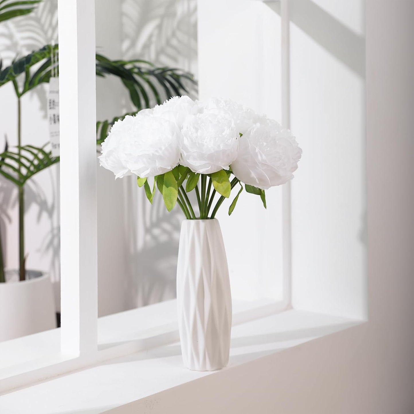 U'Artlines Artificial Peony Silk Flower with Stems 10pcs Real Look Vintage Peonies for Home Wedding Decoration(Pure White)