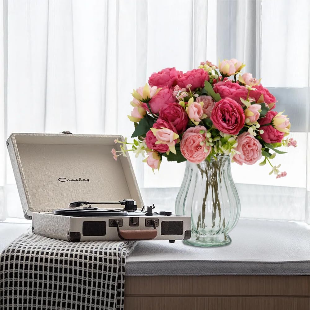 Artificial Peonies Silk Flowers in Glass Vase Faux Flowers Bouquets Modern Penoy Arrangement 4 Pack for Home Decoration Table Centerpiece (Rose Red)