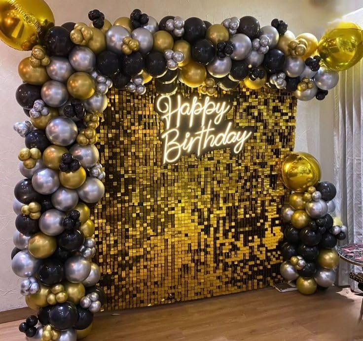 Qcity Gold Shimmer Wall Backdrop 36PCS, Black Back Not See-Through Design, Square Sequin Glitter Backdrop Panel, Perfect for Outdoor Events, Birthdays, Wedding and Party Decoration