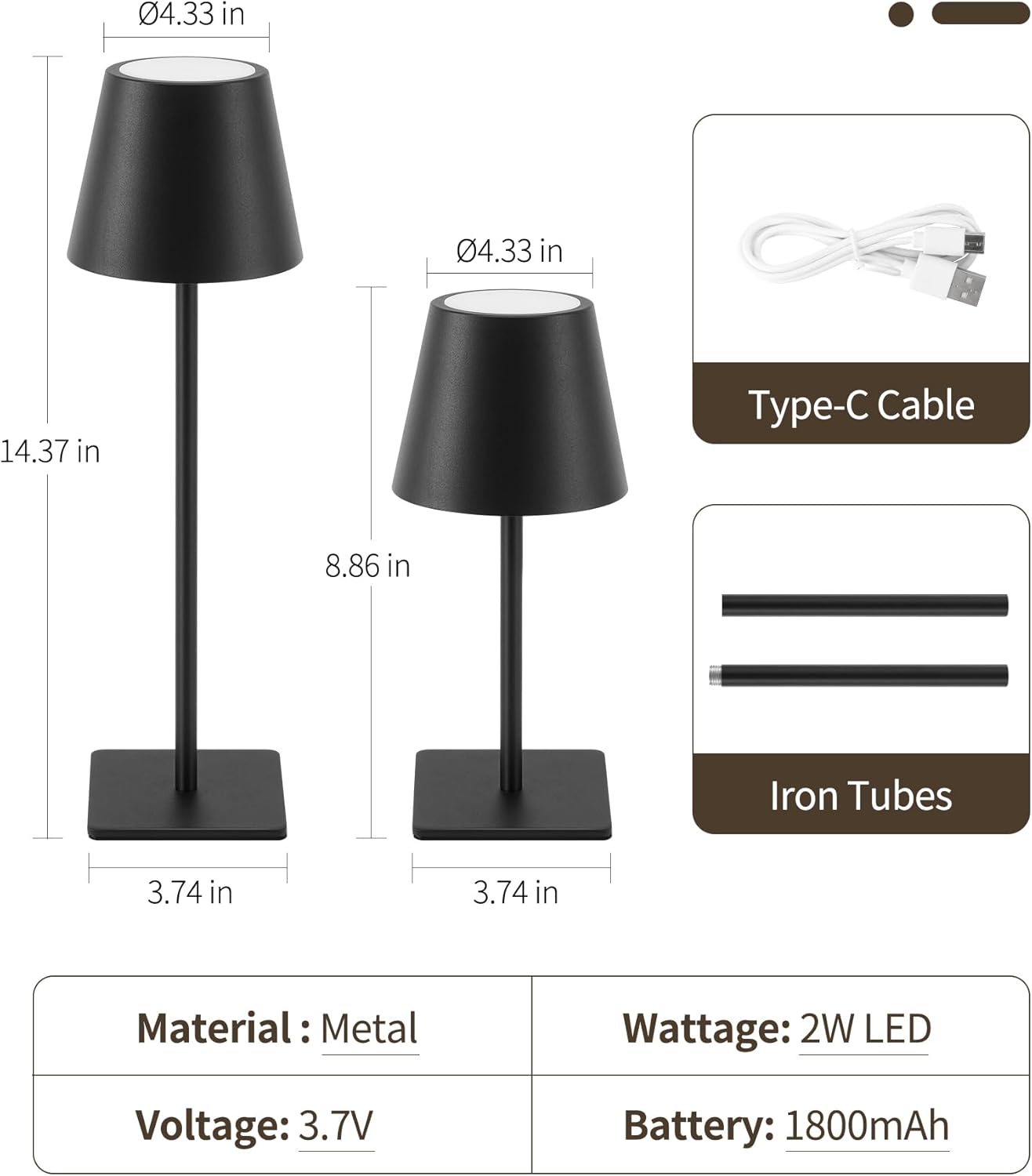 UME Cordless Table Lamp, Battery Operated Lamp - Portable Waterproof Rechargeable Table Lamp w/ 3 Color Temps & Stepless Dimming for Dinner, Desk, Cafe, Outdoor (Black)