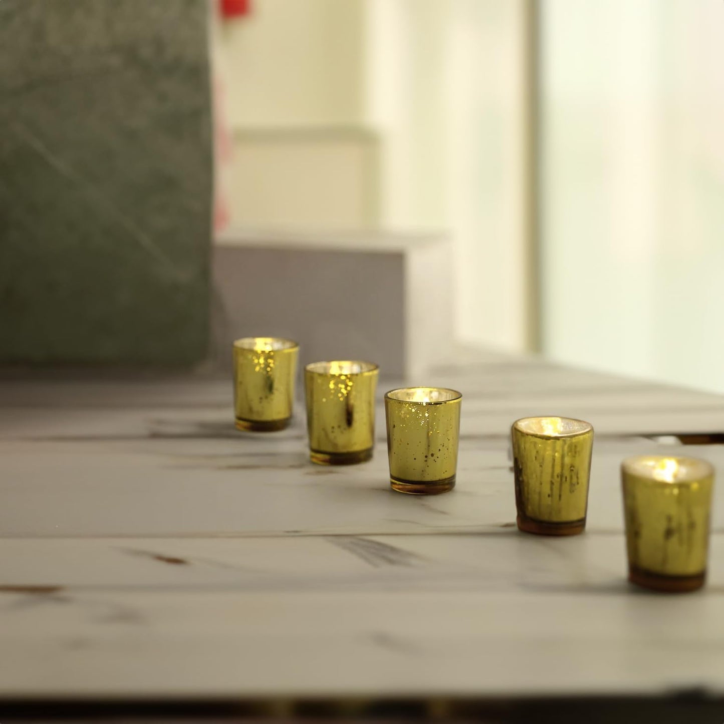 WGV Gold Speckled Tea Light Votive Candle Holder 2.2x2.75, Small Tiny Utility Cylinder Mercury Glass Vase, Home Accent Decor, 1 Pc