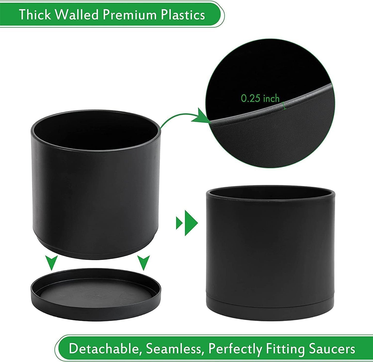 D'vine Dev 2 Pack 8 Inch Modern Plastic Plant Pots, Cylindrical Garden Planters for Plants with Drainage Holes and Saucers, Black, 74-Y-M-1
