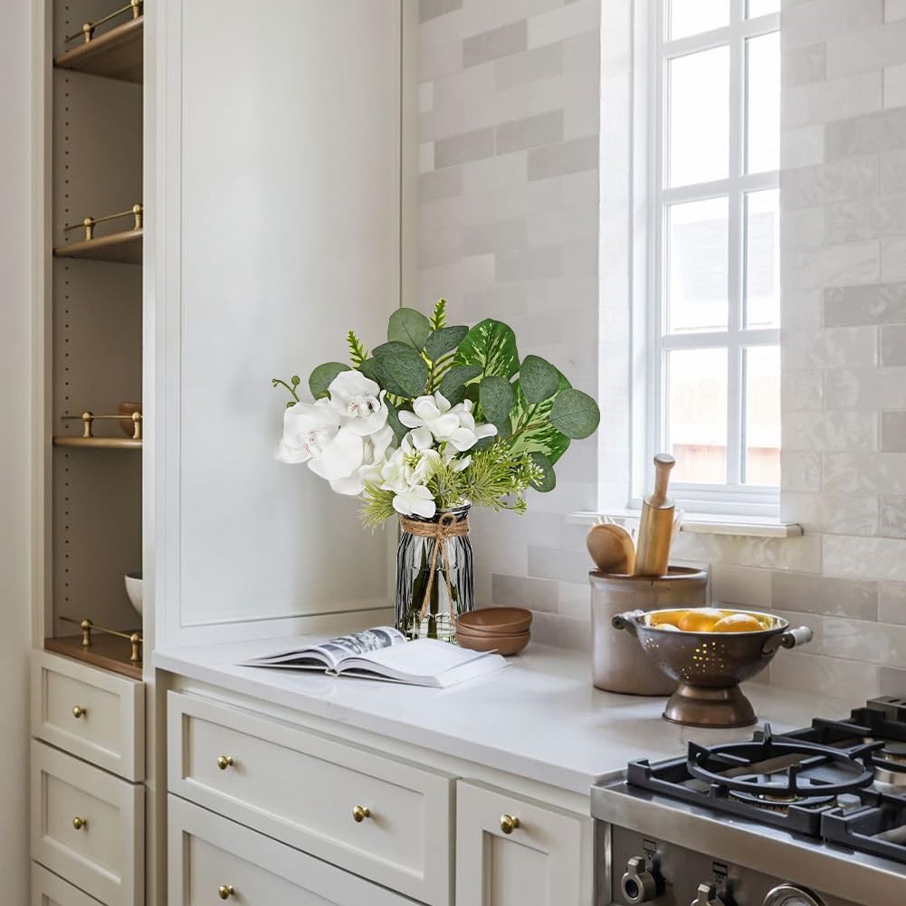 White Orchids Artificial Flowers with Vase Fake Flower in Vase Artificial Eucalyptus Stems in Glass Vases with Faux Water Faux Orchid with Evergreen Plant Arrangement for Dining Table Centerpiece