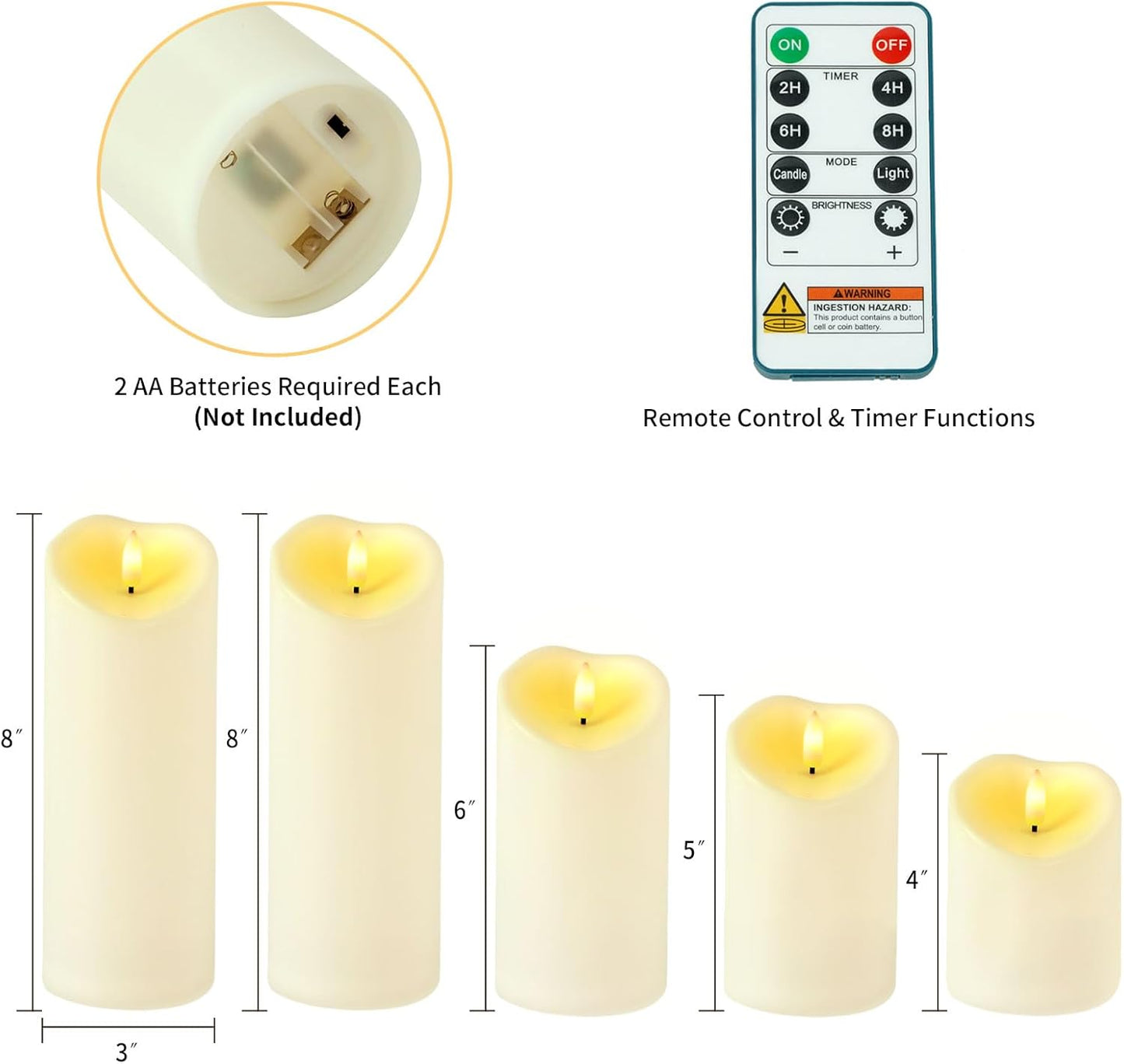 Amagic Waterproof Outdoor Flameless Candles with Remote, LED Candles Battery Operated with Timer, Flickering Fake Pillar Candle for Outside Patio Yard Decor, Ivory, Set of 5, D3 X H4 5" 6" 8" 8"