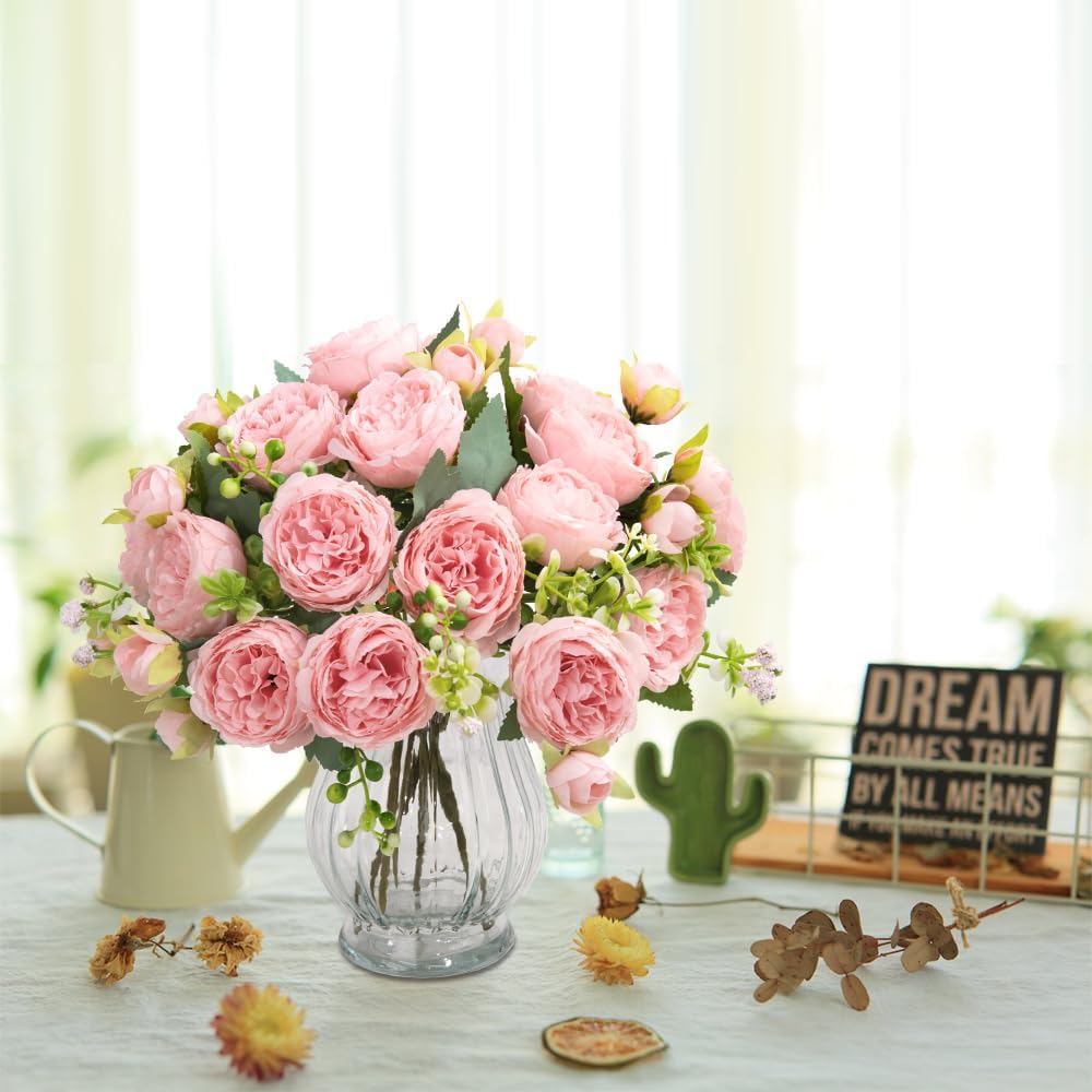Artificial Peonies Silk Flowers in Glass Vase Faux Flowers Bouquets Modern Penoy Arrangement 4 Pack for Home Decoration Table Centerpiece (Pink)