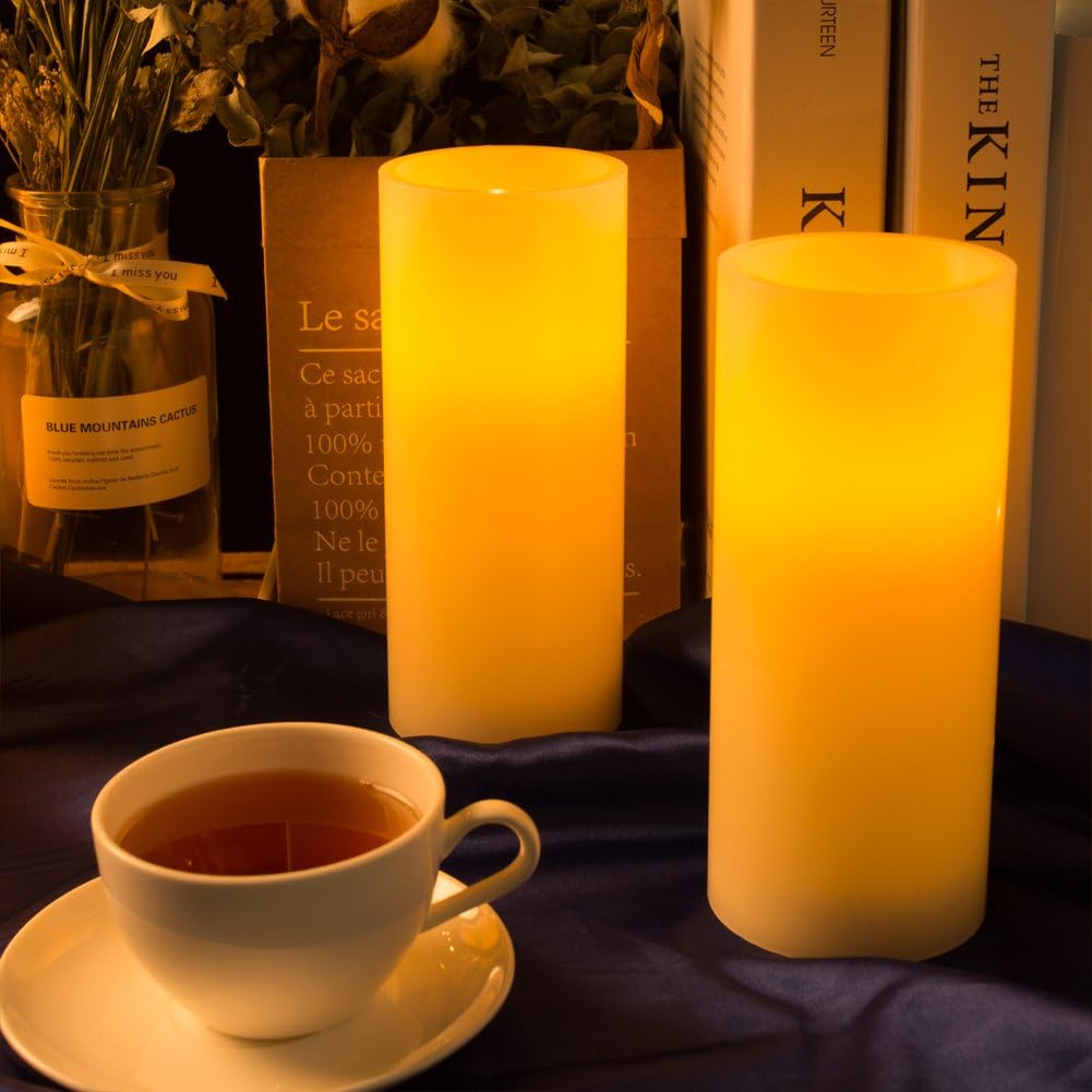 Homemory 7"x3" Flameless Candles Battery Operated, Amber Yellow Light,Realistic Wax LED Pillar Candles with 2 Remote Controls & Cycling 24-Hour Timer, Long Battery Life, Set of 2, Ivory, Indoor Only