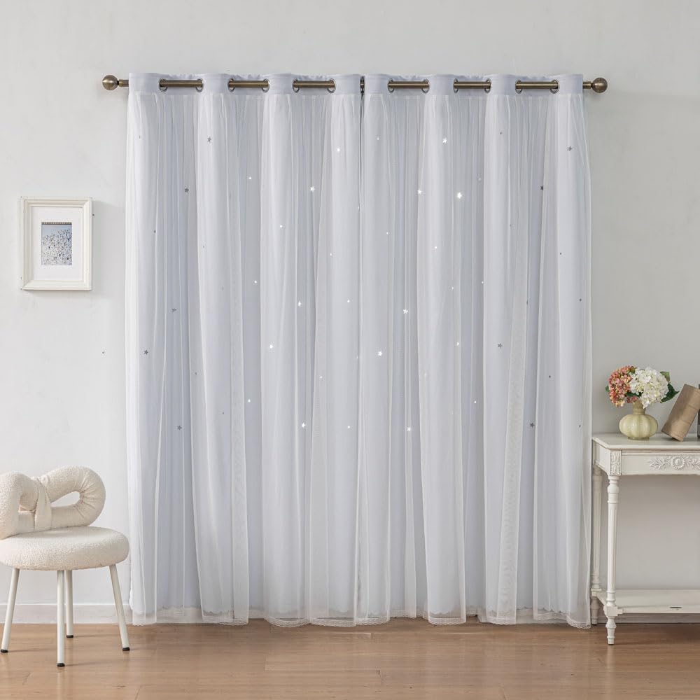 Ombre Rainbow Blackout Curtains for Kid Girls Bedroom Living Room Darking Stripe Double Layer Star Cut Out Wall Home Decor Gradient Grommet Window Curtains (Greywish White 72)