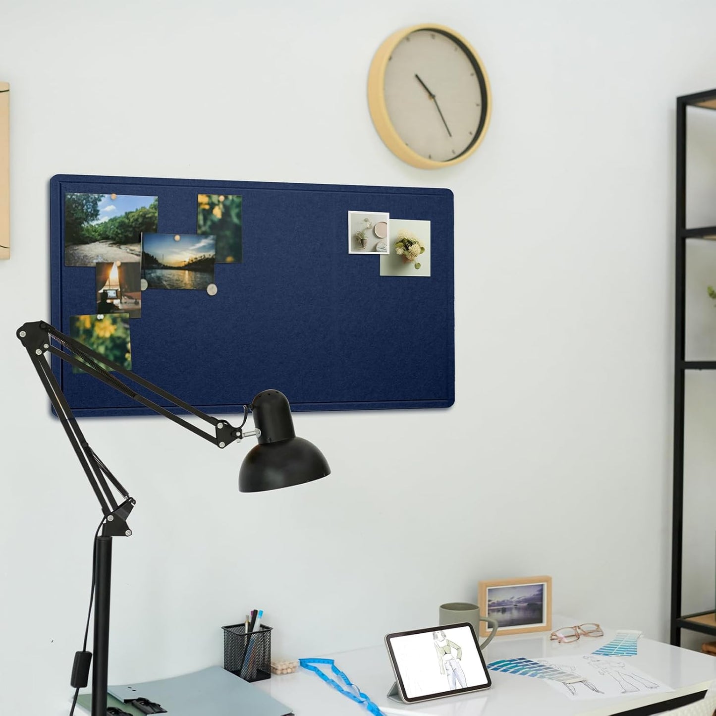 Bulletin Board, 35 x 17 1/2 inches Felt Board - Decorative Pin Board, Cork Board Alternative for Wall, Foldable Picture Board Self-Adhesive Vision Board Prayer Board with 20 Pushpins Dark Blue