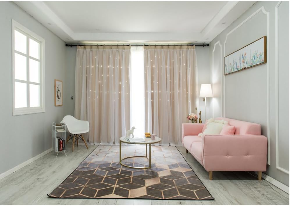FANLI 2 Panels Star Blackout Curtains for Kid Girls Bedroom Living Room Darking Stripe Double Layer Star Cut Out Wall Home Decor Gradient Grommet Window Curtains (Beige 95L)