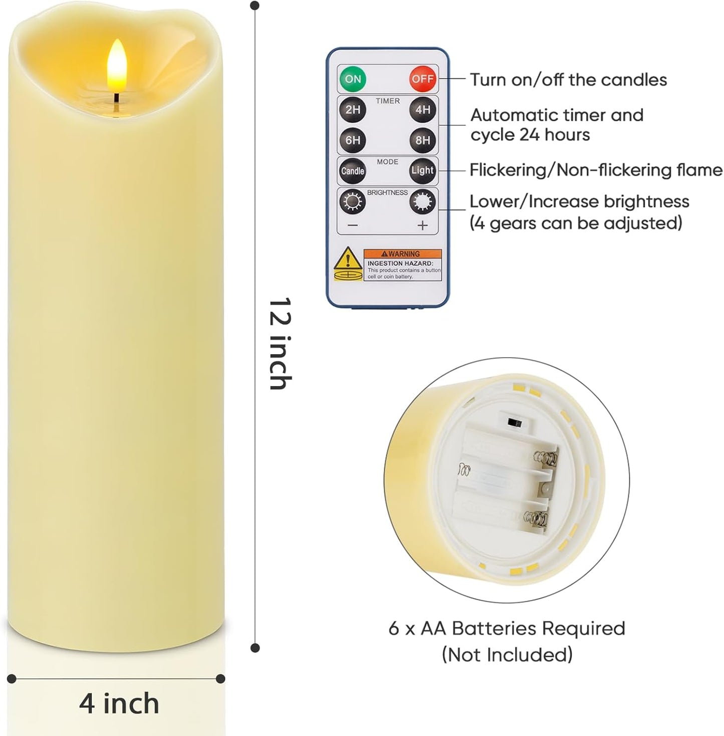 Amagic 4” x 12” Extra Large Waterproof Outdoor Flameless Candles, Battery Operated with Remote Control and Timer, Flickering LED Pillar Candle for Outdoor Patio Porch Decor, Dark Ivory, Set of 2