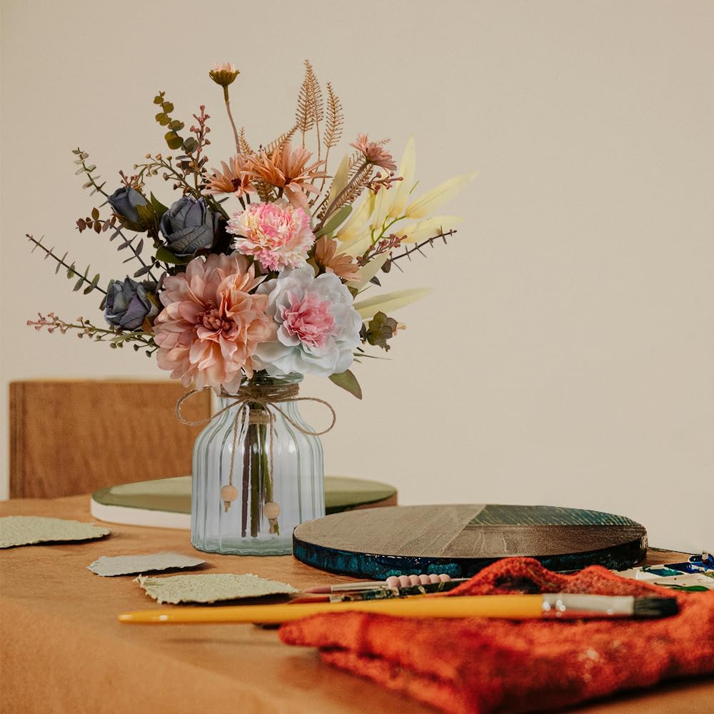 LESING Dahlia Flower Aritificial Flower with Vase Fake Silk Flowers in Glass Vase Faux Rose Flowers Arrangement for Home Office Table Centerpiece Decoration (Pink)