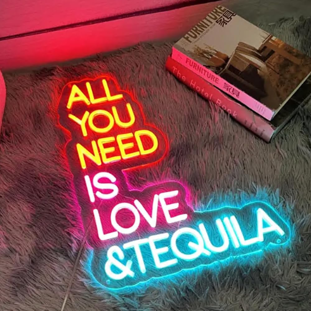 All You Need Is Love & Tequila Neon Sign, Custom Bar Neon Light Home Bar Cocktail Wall Decor Quote Tequila Alcohol Sign USB Size:14x10inch