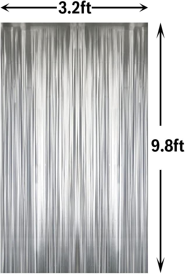 GOER 6.4 ft x 8.2 ft Metallic Tinsel Foil Fringe Curtains,Pack of 2 Party Streamer Backdrop for Birthday,Graduation Decorations and New Year Eve (Matte Silver,Thick Material)