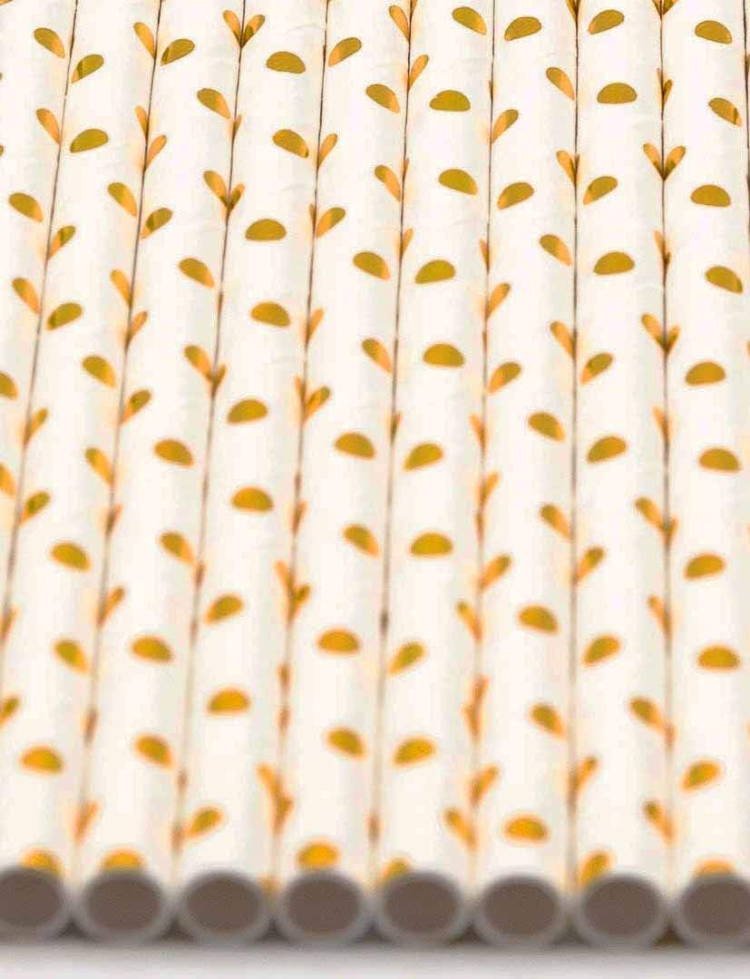 Pack of 150 Gold Polka Dot Foil Biodegradable 4-Ply Paper Drinking Straws (Compostable, Non-toxic, BPA-free)