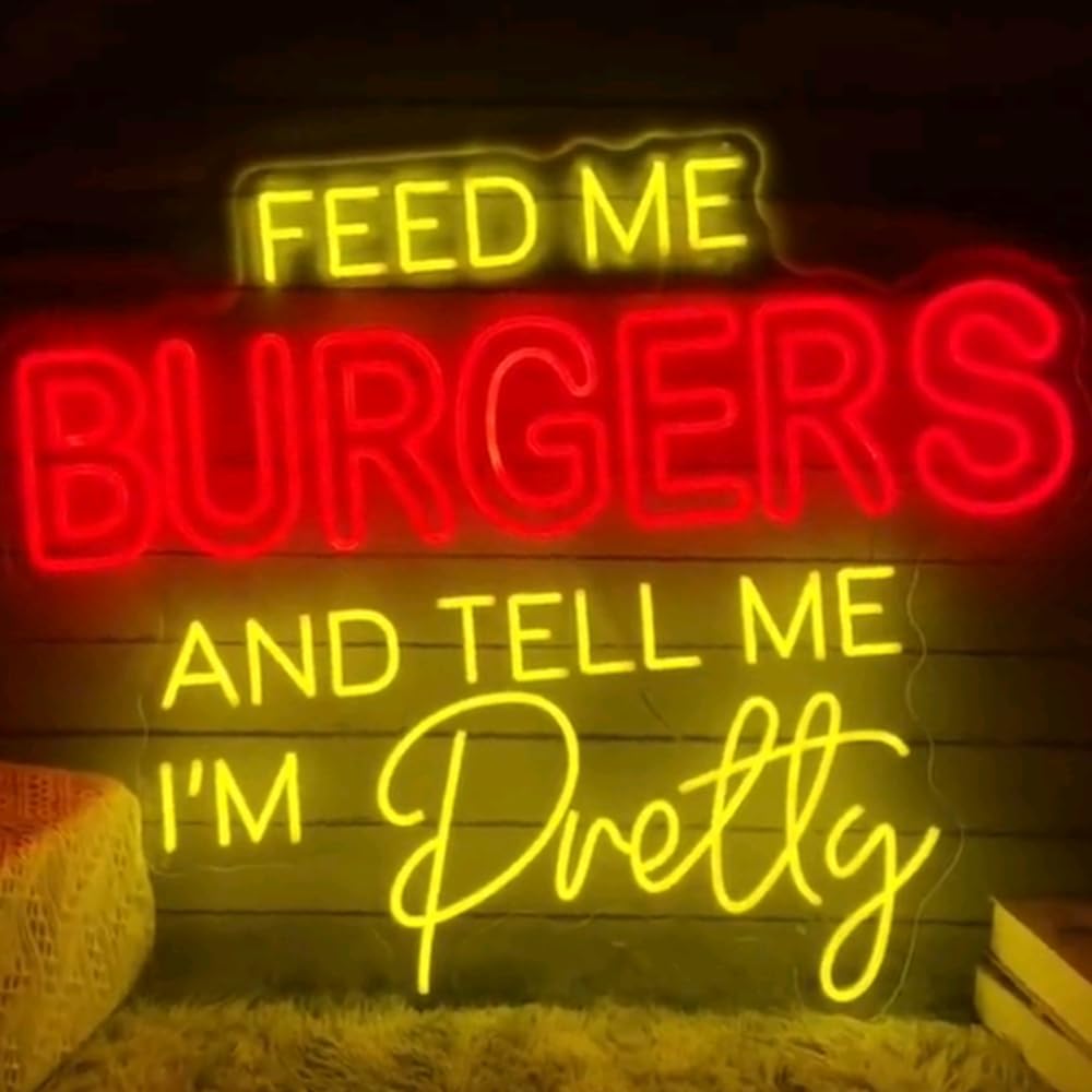 Feed Me Burger And Tell Me I'm Pretty Neon Sign Custom Hamburger Food LED Neon Light Home Wall Decor Coffee Shop Restaurant Decoration Size:20x16.5inch…