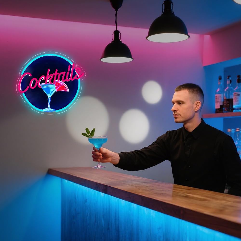 Cocktails Neon Signs for Wall Decor,UV Print Cocktails Glass LED Neon Light Up Sign for Beer Bar Art Wall Lights,Bar Party,Pub,Night Club,Man Cave Decor,Adjustable Brightness