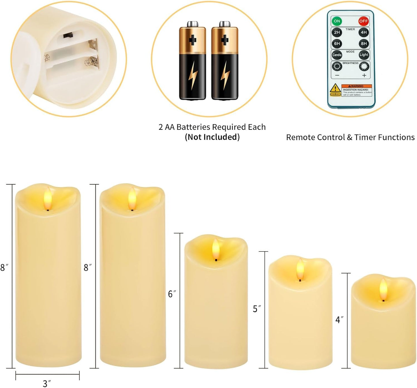 Amagic Waterproof Outdoor Flameless Candles with Remote, LED Candles Battery Operated with Timer, Flickering Fake Pillar Candle for Outside Patio Yard Decor, Dark Ivory, Set of 5, D3 X H4 5" 6" 8" 8"