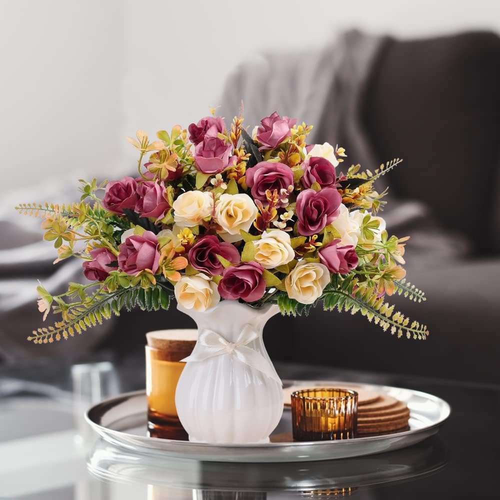 LESING Artificial Fake Flowers with Vase Silk Artificial Roses Wedding Flowers Bouquets Home Office Party Meeting Room Decoration (Violet red-1)