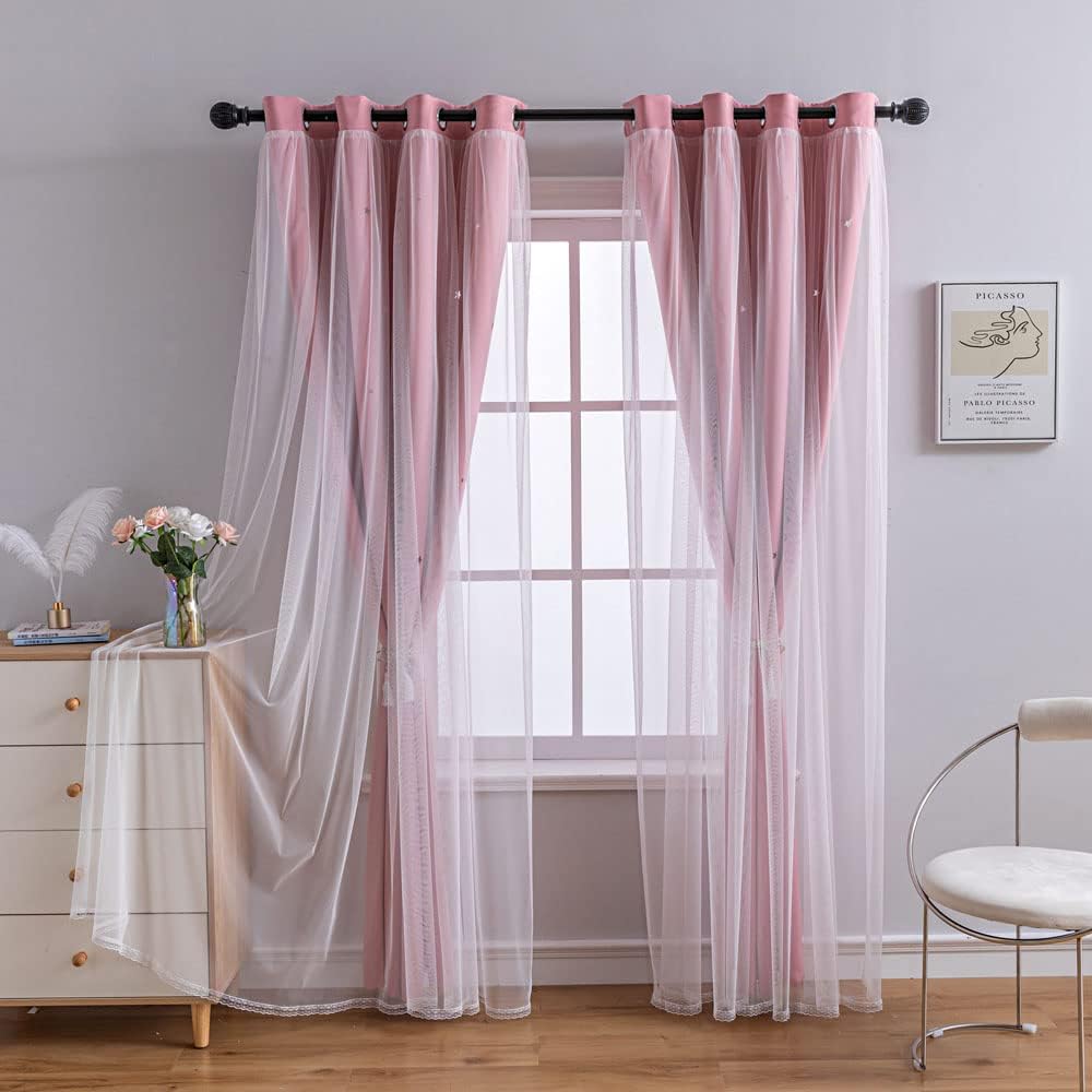 FANLI 2 Panels Star Blackout Curtains for Kid Girls Bedroom Living Room Darking Stripe Double Layer Star Cut Out Wall Home Decor Gradient Grommet Window Curtains (Pink 72L)