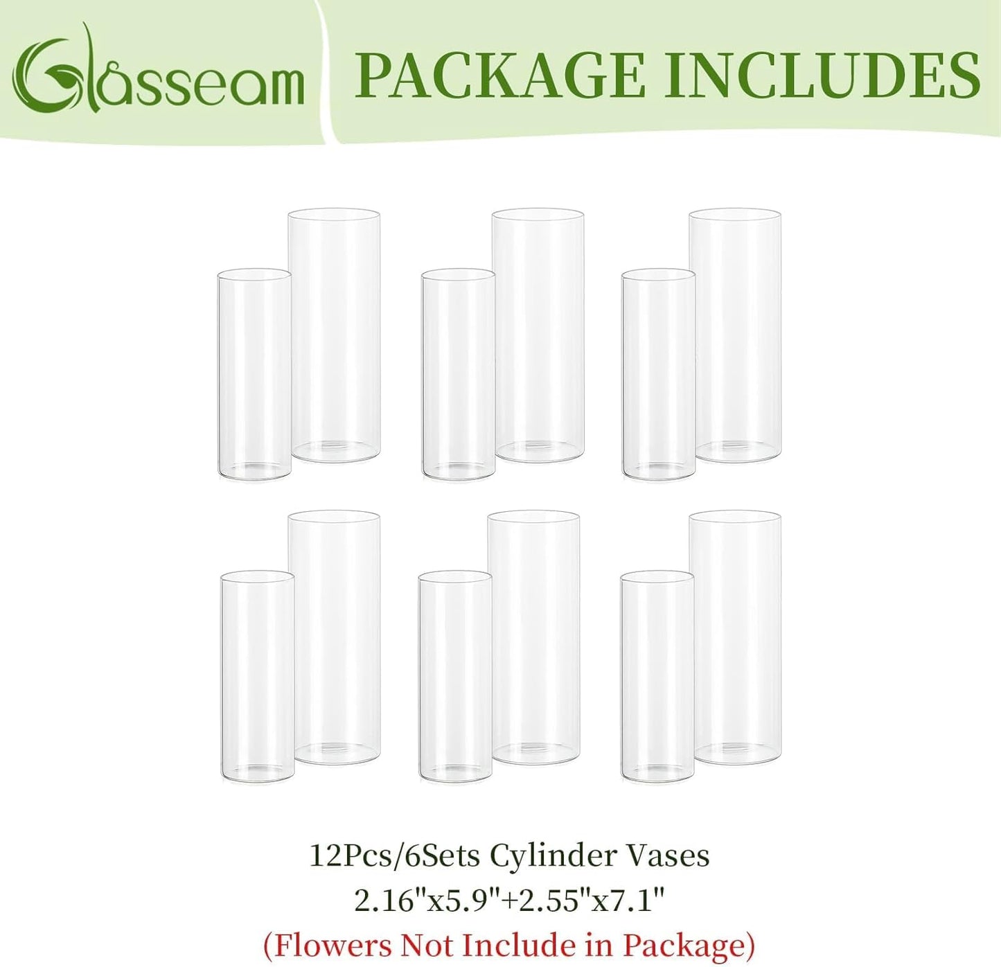 Glasseam Glass Cylinder Vase in Bulk: 12pcs Clear Small Bud Flower Vases for Centerpieces - Modern Hurricane Pillar or Floating Candle Holder for Wedding Party Table Living Room Home Decor, Tall 6"+7"