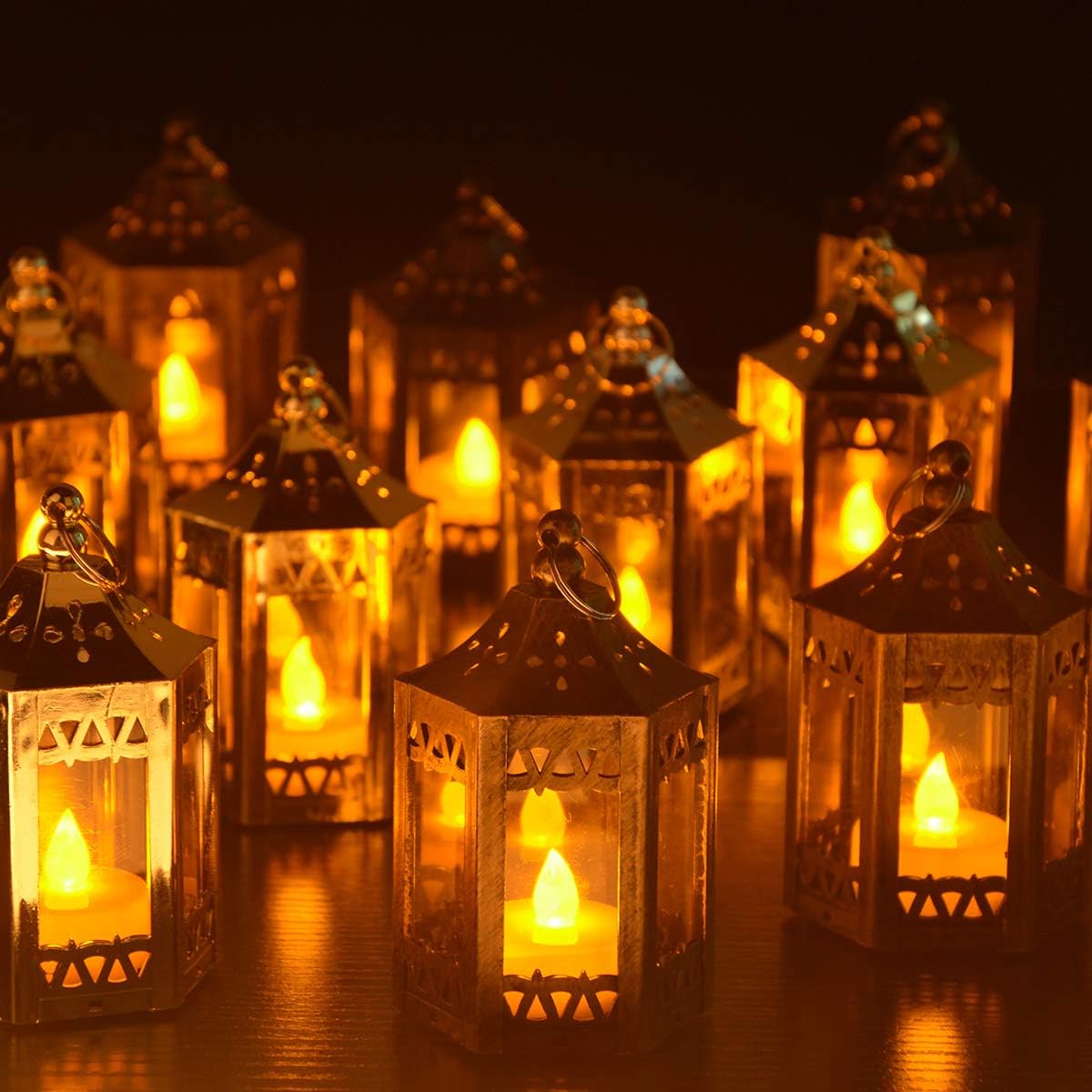 zkee Mini Star Lanterns with Flickering LED, Battery Included, Decorative Hanging Lanterns for Christmas and Indoor Use (Set of 8, Golden)