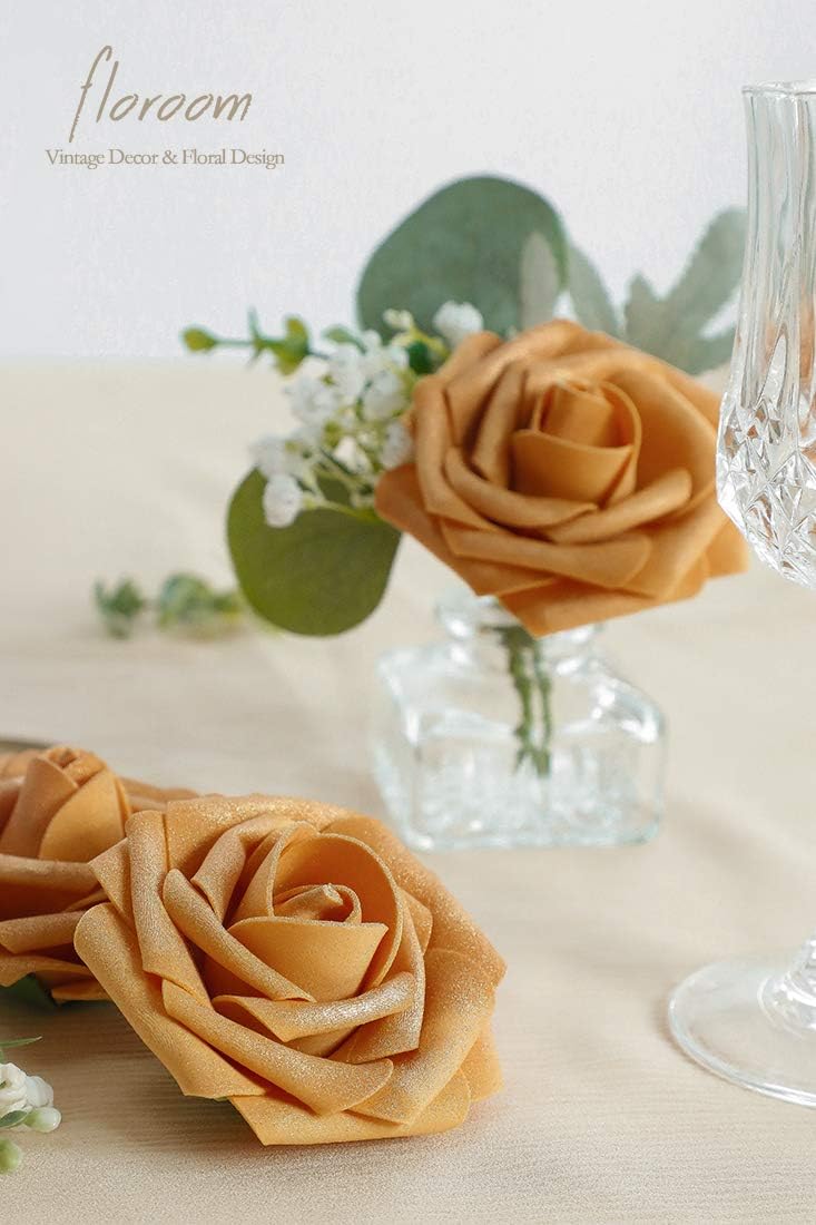 Floroom Artificial Flowers 50pcs Real Looking Gold Foam Fake Roses with Stems for DIY Wedding Bouquets Bridal Shower Centerpieces Floral Arrangements Party Tables Home Decorations