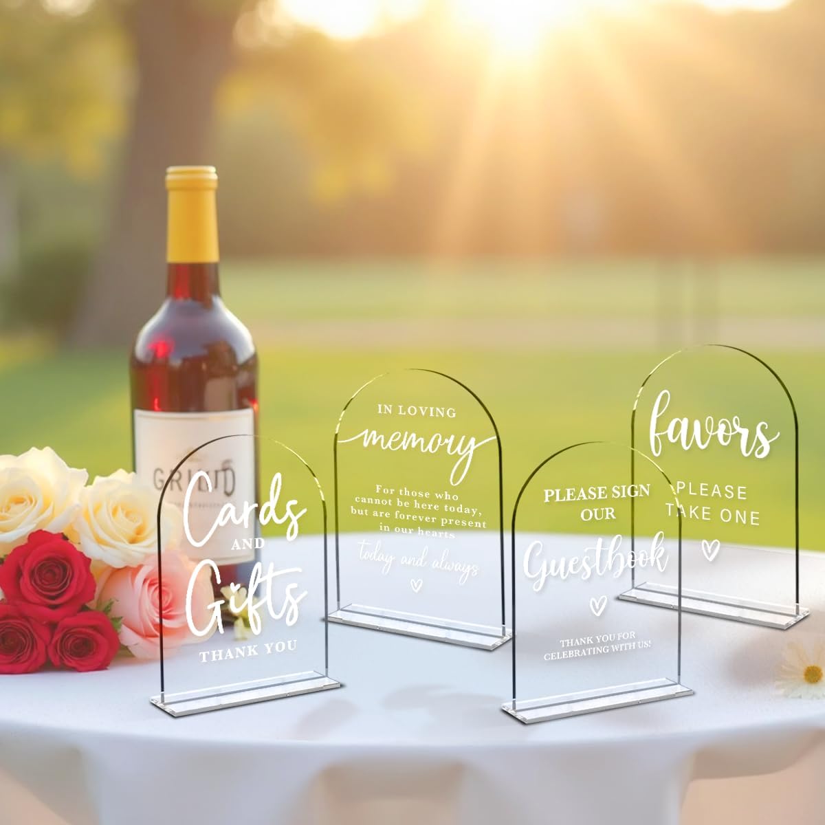 4 Pcs Acrylic Wedding Signs for Ceremony and Reception, Bridal Shower Decorations, Cards and Gifts Signs, Guest Book Sign, Arch Acrylic Table Top Sign with Holder for Wedding Reception (Clear)