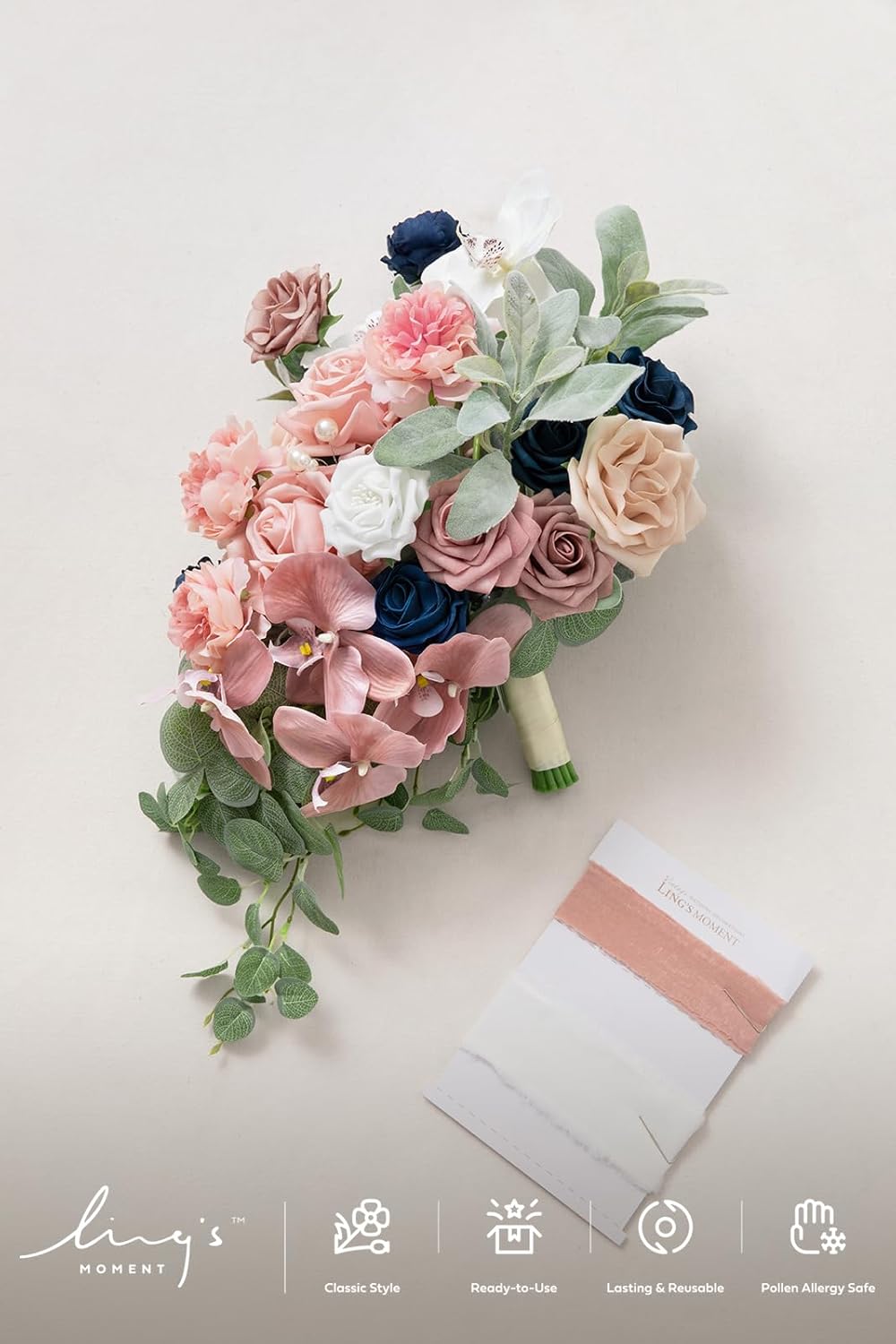 Ling's moment Dusty Rose Navy Blue Bridal Bouquet Cascading, Pink and Blue Wedding Bouquets for Bride, 15 Inch Silk Artificial Wedding Flower Bouquet